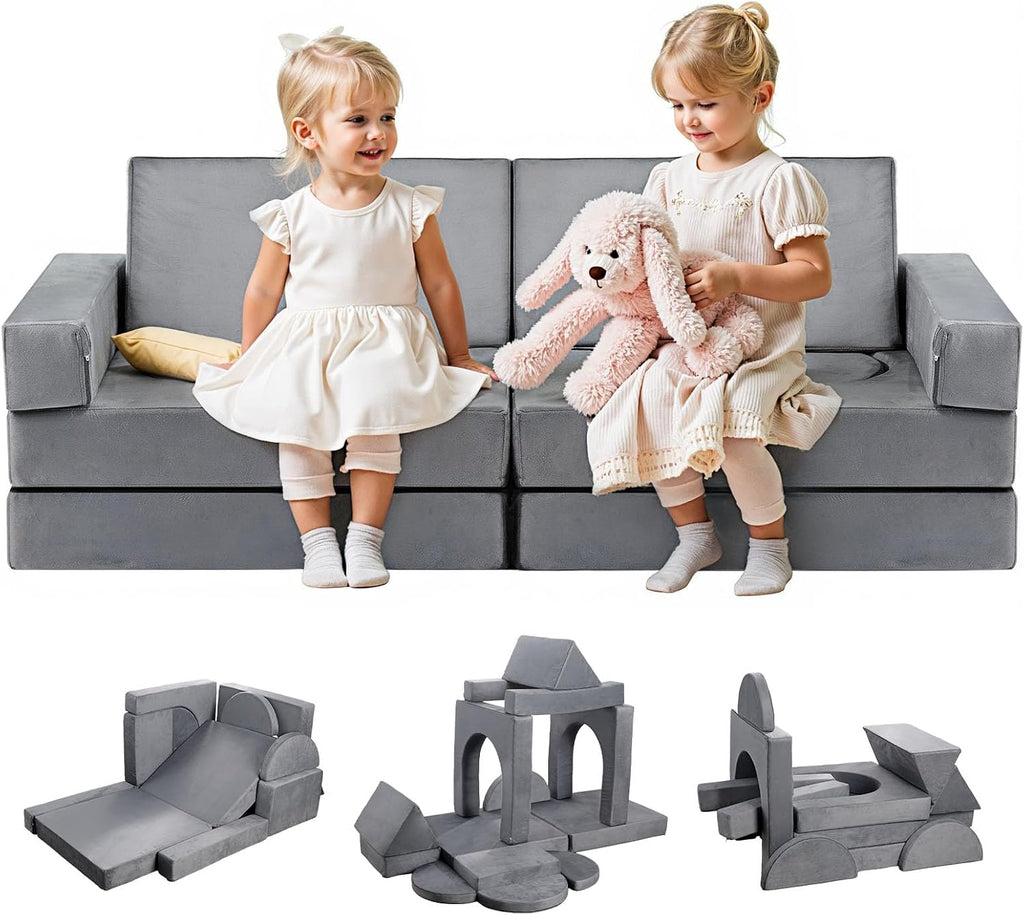 VEVOR Modular Kids Play Couch, Sectional Toddler Sofa with Armrests, 28D Sponge & Short Pile, Convertible Kids Modular Couch DIY Creative Combination for Playroom, Bedroom, Living Room, 14 Pcs, Gray