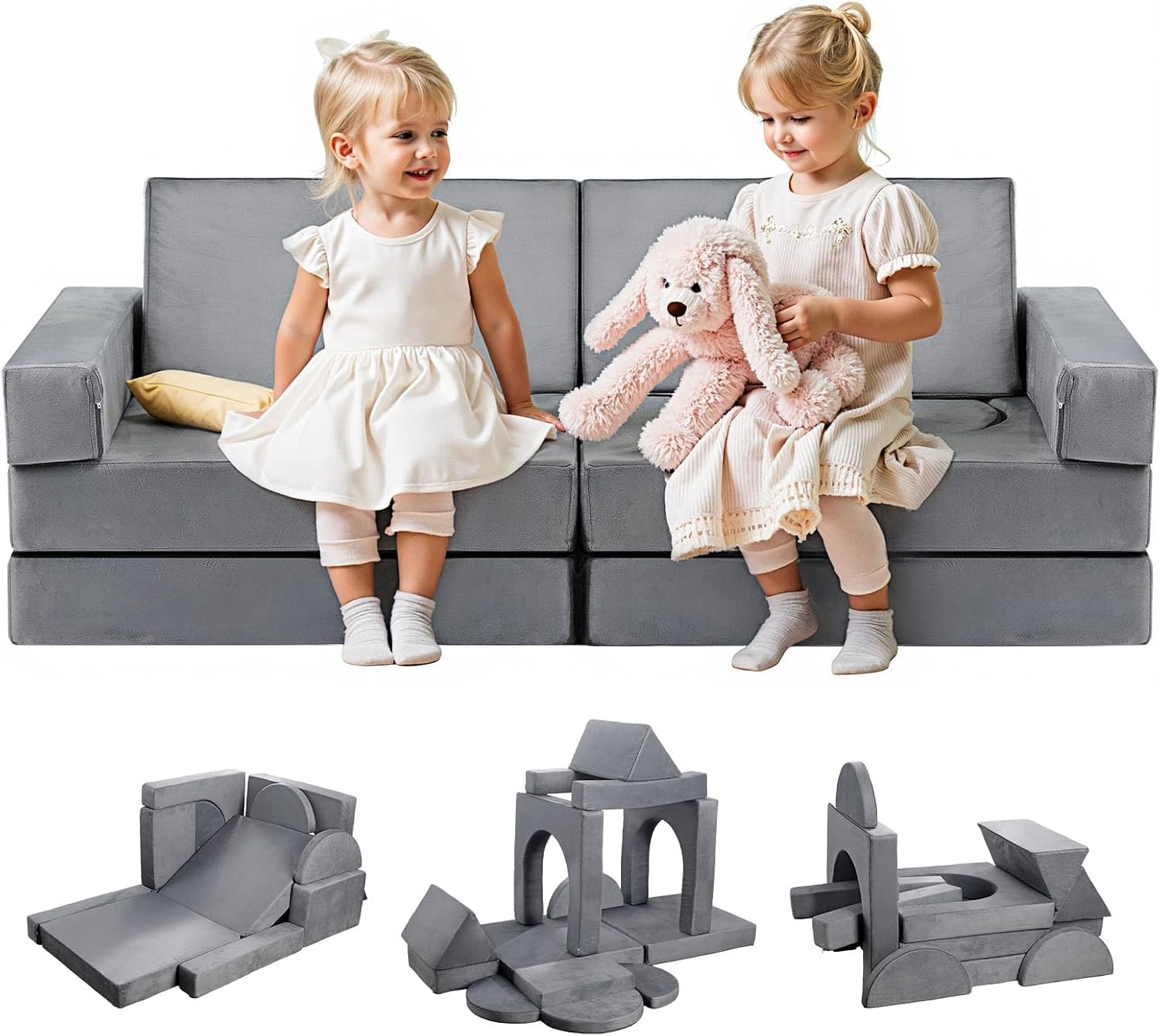 VEVOR Modular Kids Play Couch, Sectional Toddler Sofa with Armrests, 28D Sponge & Short Pile, Convertible Kids Modular Couch DIY Creative Combination for Playroom, Bedroom, Living Room, 14 Pcs, Gray
