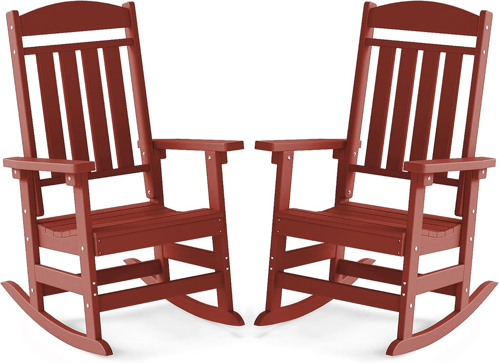 FOOWIN Outdoor Rocking Chair Set of 2, High Back Patio Rocking Chair, HDPE All Weather Resistant Porch Rocker for Adult, Oversized Rocking Chairs for Garden, Lawn, Indoor & Outdoor Use, Dark Red