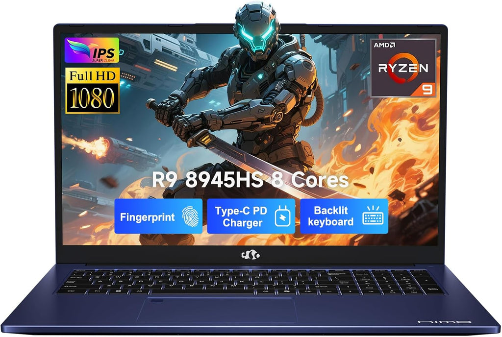 NIMO 17.3 Gaming-Laptop Ryzen 9 8945HS (Beat i9-13900H, Up to 5.2GHz) 32GB RAM, 1TB SSD, Radeon 780M, PD 100W Type-C AI-Enhanced for Copilot VR Ready, Backlit Keyboard, Fingerprint