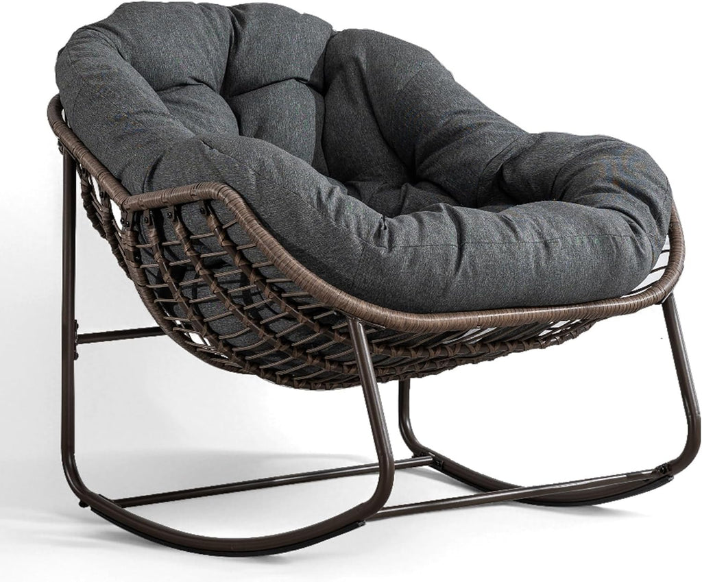 Oversized Papasan Rocking Chair, Indoor & Outdoor Egg Rocker with All-Weather Hand-Woven Rattan & Rust-Proof Steel Frame for Porch, Patio, Living Room (Linen-Like, Dark Grey)
