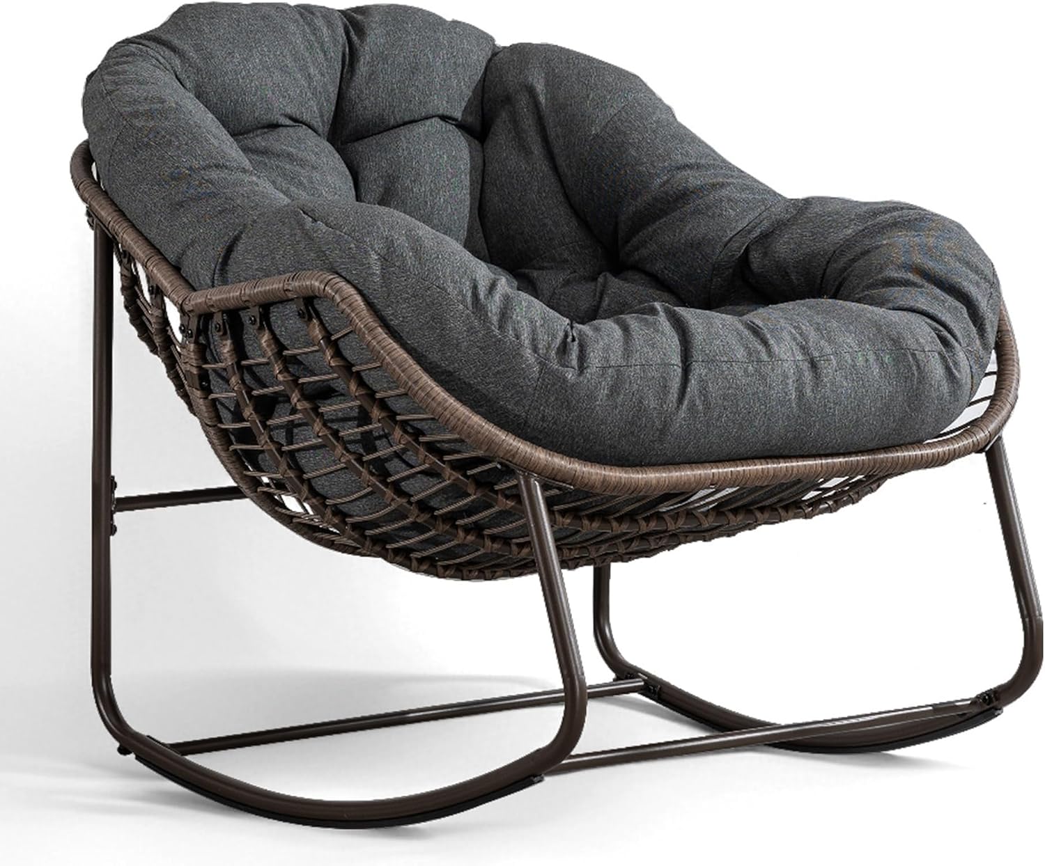 Oversized Papasan Rocking Chair, Indoor & Outdoor Egg Rocker with All-Weather Hand-Woven Rattan & Rust-Proof Steel Frame for Porch, Patio, Living Room (Linen-Like, Dark Grey)