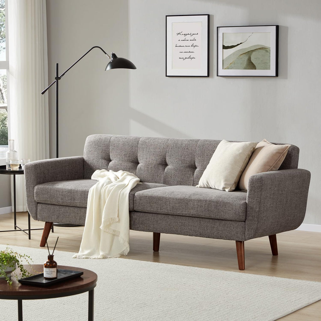 Tbfit 77.2' W Linen Sofa Couch, Mid Century Modern Decor Loveseat Couches for Living Room, Button Tufted Upholstered Small Couch for Bedroom, Solid, and Easy to Install Love Seats Furniture, Grey