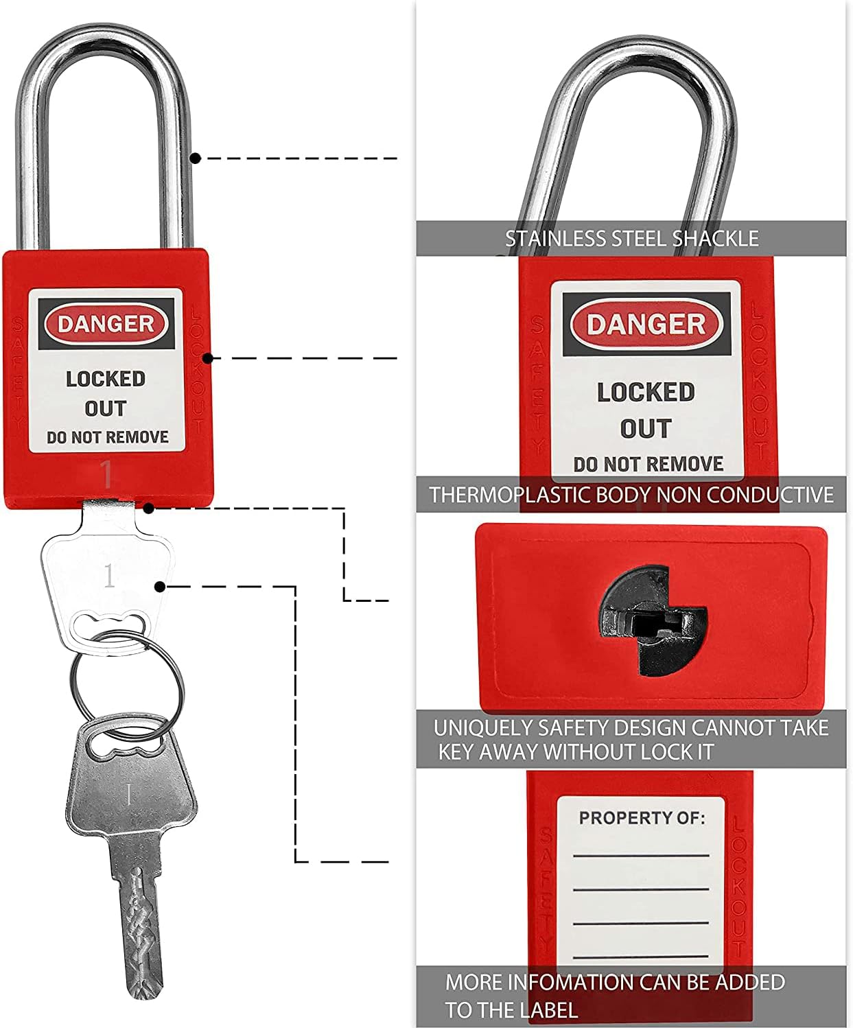 SAFBY 50 Keyed Different Lockout Tagout Locks with 50 Lock Out Tag Out Tags - Loto Safe Padlocks for Lock Out Tag Out Stations and Devices