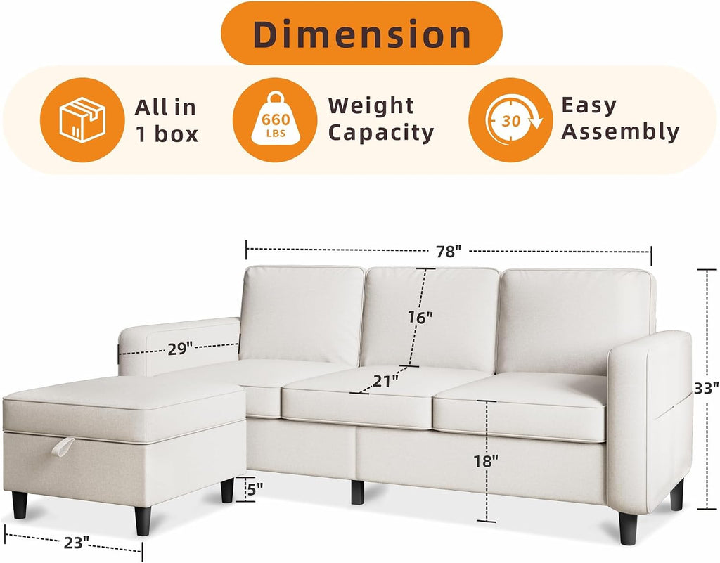 78' Sectional Sofa Couches for Living Room, Convertible L Shaped Couch with Storage Ottoman, Deep Seat Pet-Friendly Linen Fabric Sofa Set for Small Space, Apartment, Dorm