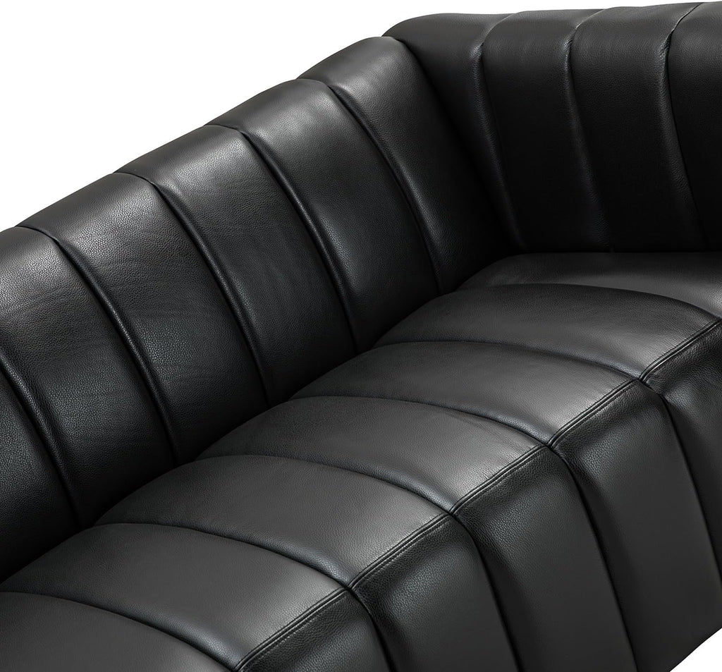 HULALA HOME 83' Genuine Leather Sofa with Channel Tufted Design, 3-Seater Sofa for Living Room Bedroom, Modern Oversized Couch with Wood Legs, Black