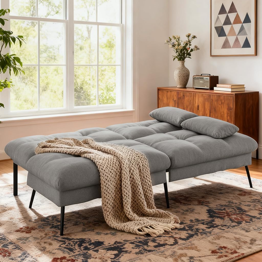COMHOMA 72″ Futon Sofa Bed,Convertible Fabric Couch with Adjustable Backrest,Loveseat Recliner Sleeper Living Room Furniture futon Set (Grey)
