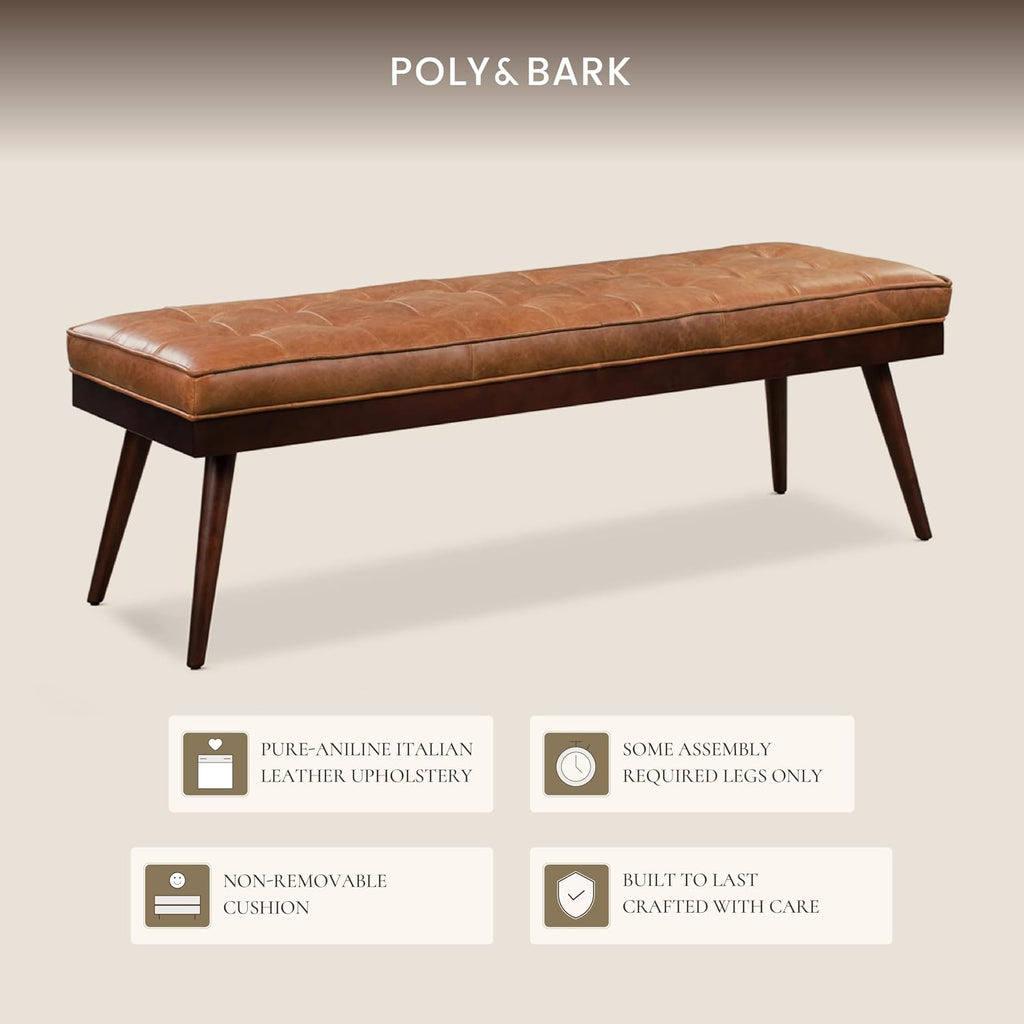 Poly & BARK 55' Tufted Leather Bed Bench for Bedroom End of Bed - Living Room Entry Way Bench - Pure Italian Leather Upholstery with a Solid Wood Frame - Ottoman Bench with Wooden Legs - Cognac Tan