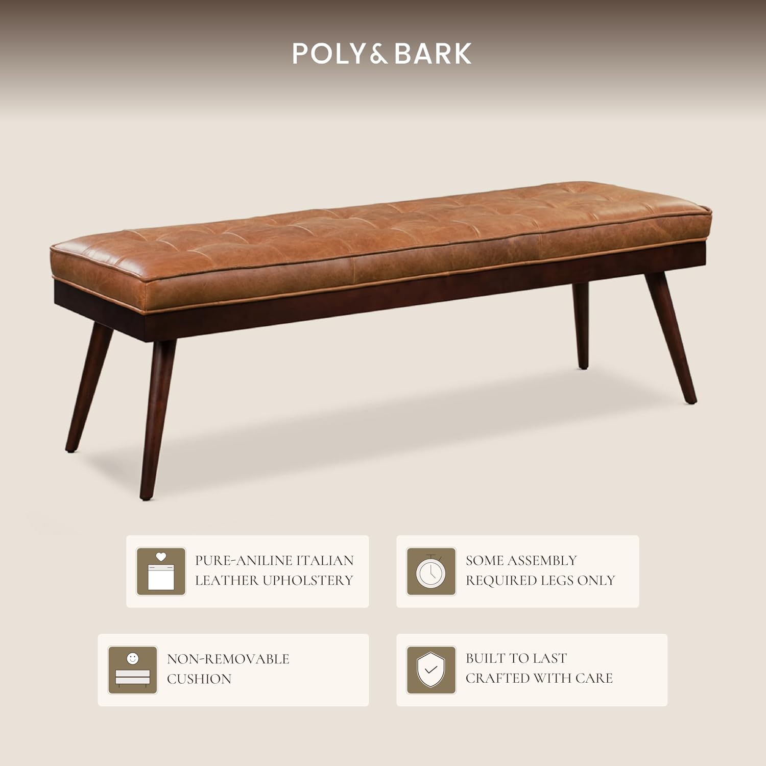 Poly & BARK 55' Tufted Leather Bed Bench for Bedroom End of Bed - Living Room Entry Way Bench - Pure Italian Leather Upholstery with a Solid Wood Frame - Ottoman Bench with Wooden Legs - Cognac Tan