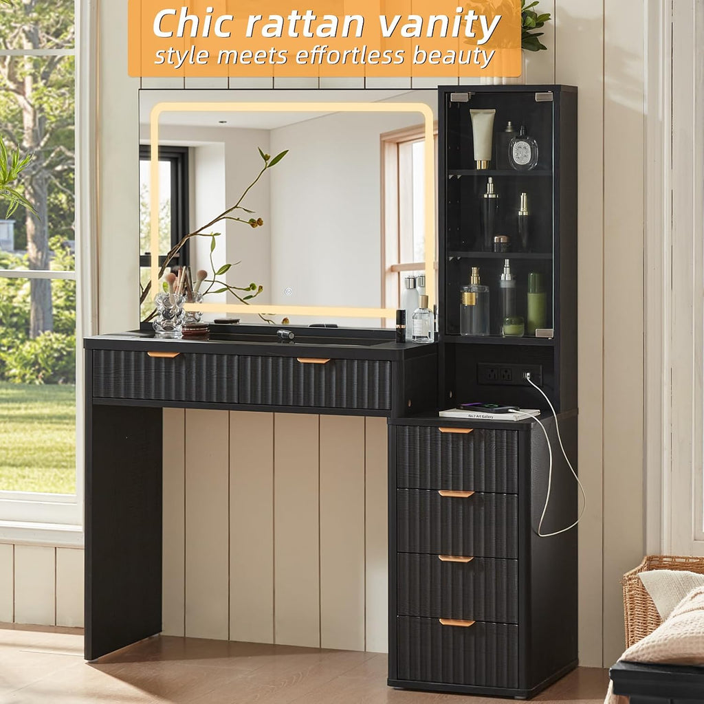 LEYAOYAO Black Vanity Desk with Mirror and Lights, 43.5'' Fluted Makeup Vanity with 6 Drawers and Adjustable Shelves, Glass Top Make Up Vanity, Girls Wood Dressing Table with Power Outlet for Bedroom