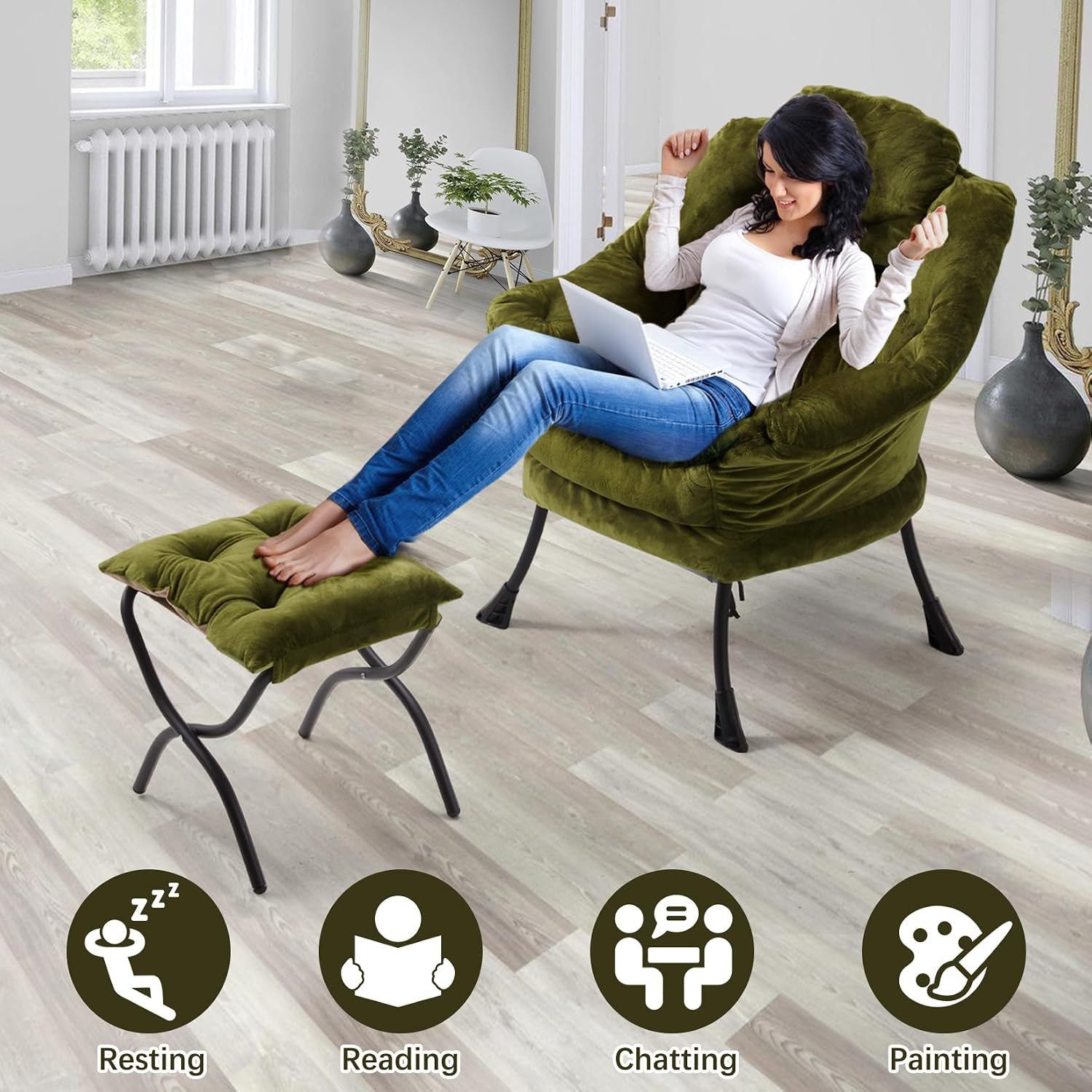 Lazy Chair with Folding Ottoman,Leisure Sofa Chair,Soft Fabric Armchair with Armrests and Side Pockets, Reading Chair with Footrest for Living Room, Bedroom, Office (Plush Green)