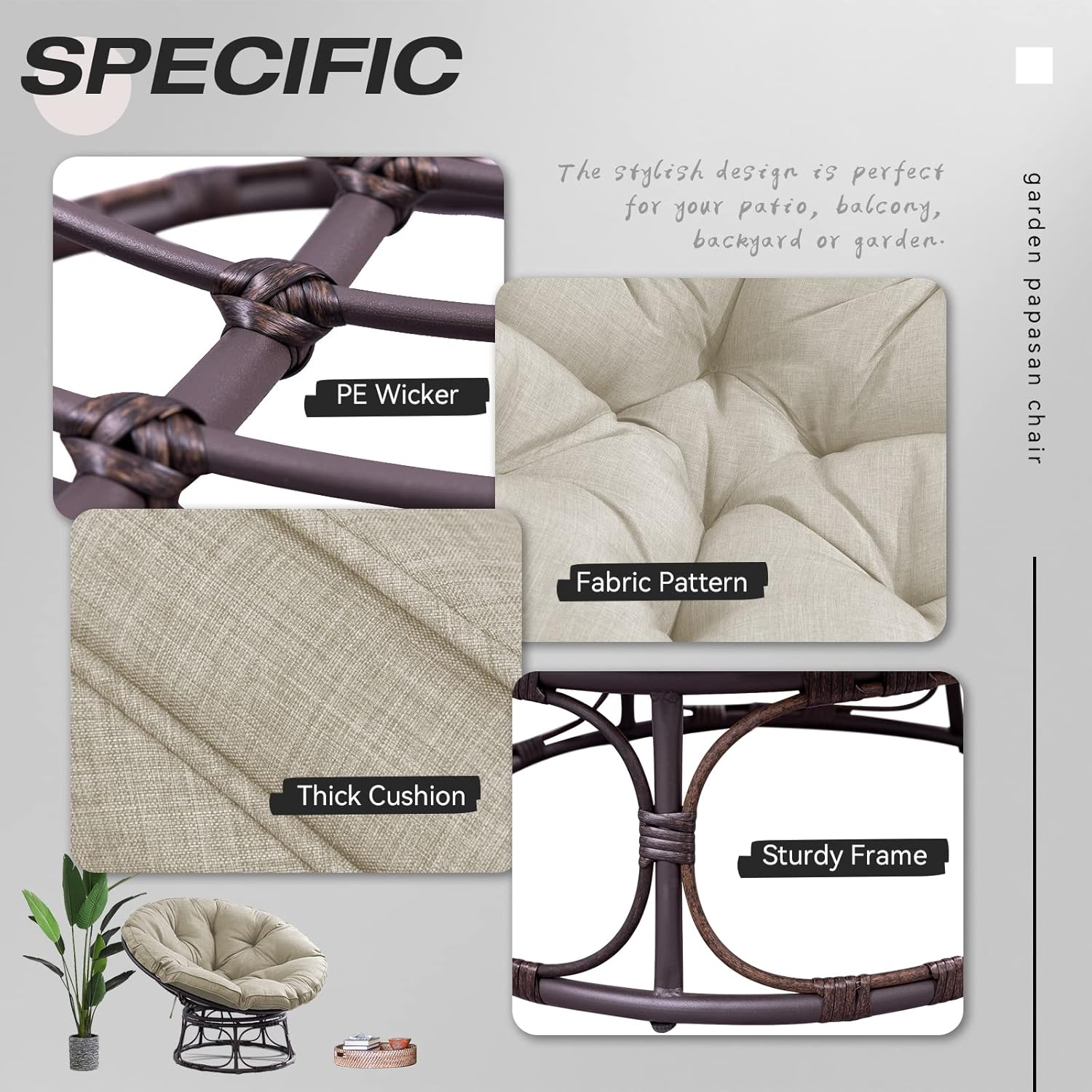 Joyside Papasan Chair with Cushion and Frame, 46'' Wicker Papasan Lounge Chair Large Saucer Chair, Brown Frame with Beige Cushion