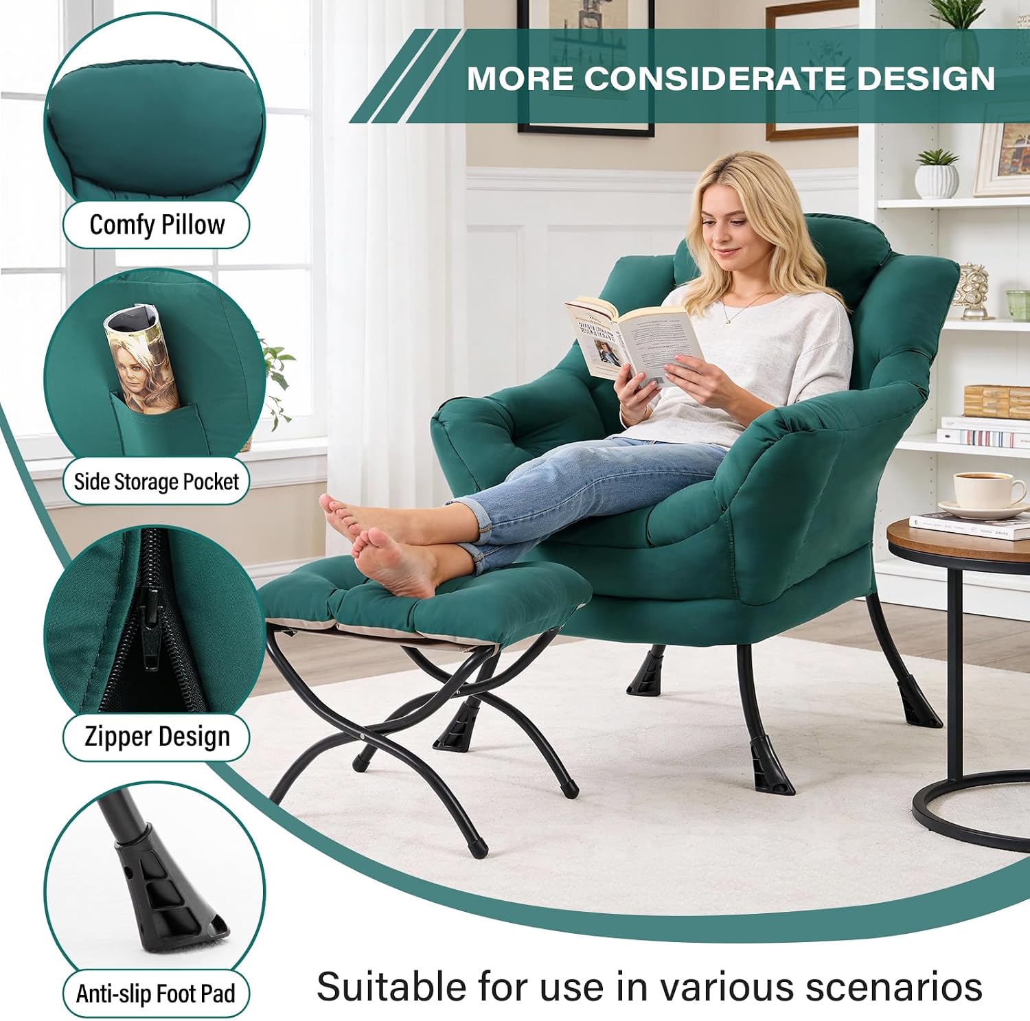 MBOOYOME Lazy Chair with Folding Ottoman, Modern Accent Armchair with Armrests and a Side Pocket & Foldable Footstool, Reading Chair for Living Room, Bedroom, Dorm & Office, Dark Green