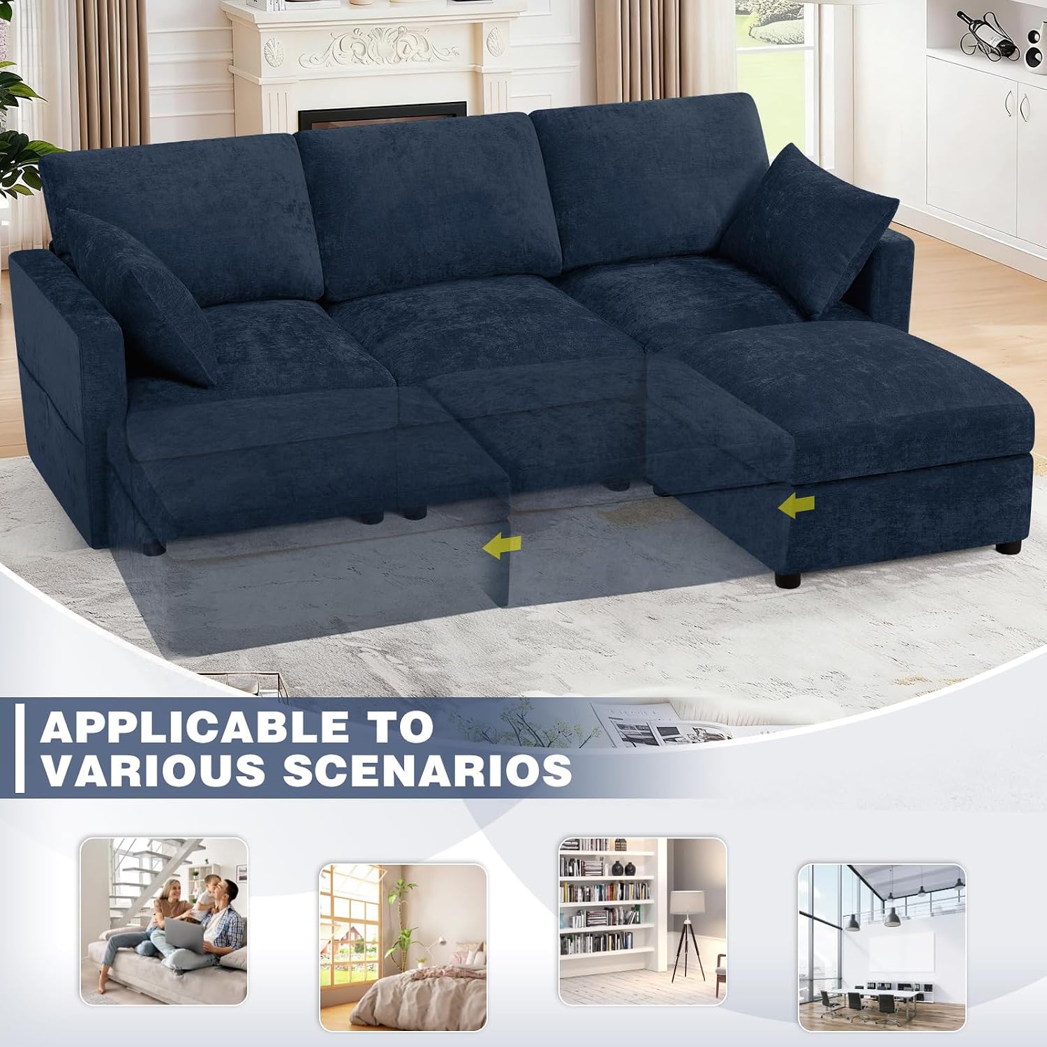 84' Chenille 3-Seats Sofa W/Movable Ottoman, Modern Fabric L-Shaped Couch w/Soft Backrests, Upholstered Sectional Sofa w/Arm Pillows for Living Room, Office, Blue