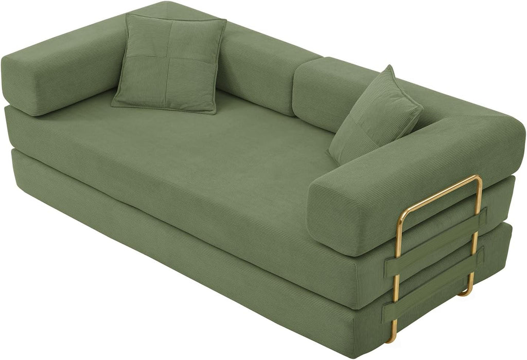 4-in-1 Folding Convertible Sofa Bed, 78 Inch Oversized Corduroy Upholstered Boneless Couch, Loveseat Sleeper with Pull Out Bed, Floor Sofa Modular Futon Couch for Living Room Bedroom Lounge, Green