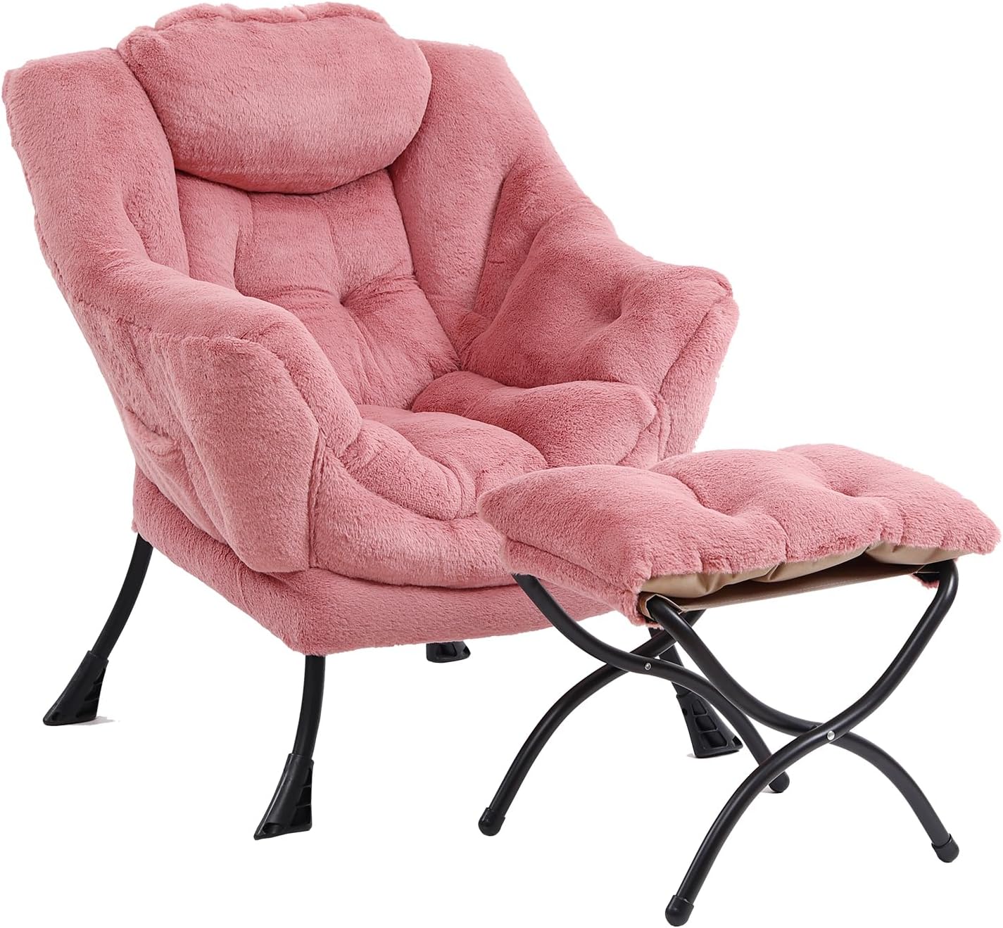 Furlide Lazy Chair with Ottoman, Modern Accent Chair with Armrests and a Side Pocket, Plush Dark Pink Accent Chairs, Reading Chairs, Oversized Armchairs for Bedroom, Study, Living Room, Courtyard