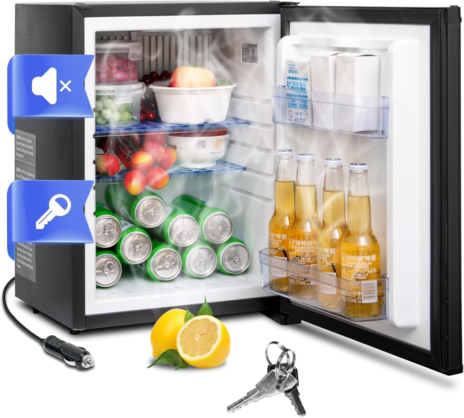 Smad 12V RV Refrigerator,1.4 Cu Ft Locking Mini Fridge, Mini Fridge with Lock, Semi Truck Refrigerator Freightliner Cascadia Drivers 12V DC/110V AC for Bedroom, RV, Truck, Office, Dorm, Black