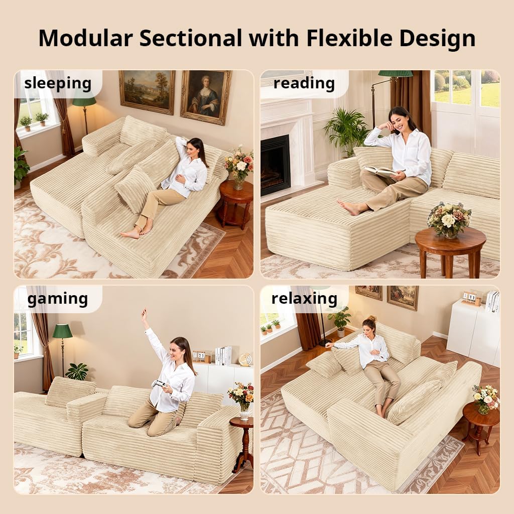 COMHOMA 105'Modular Sectional Sofa with Deep Seat,Cloud Upholstered L-Shape Couch Wide Arms Corduroy Fabric High-Density Foam Chaise Lounge for Living Room No Assembly Required