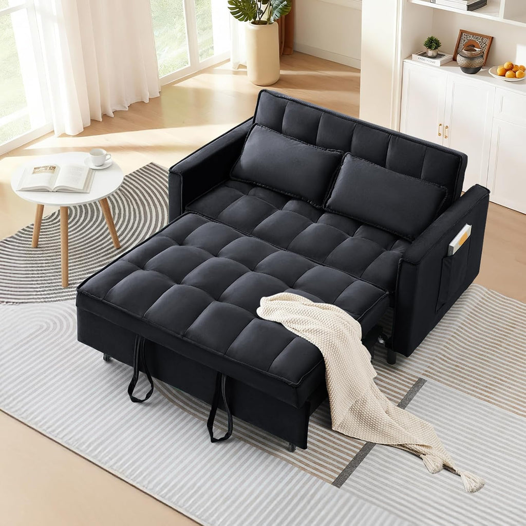 CAPCAEK 3 in 1 Convertible Sleeper Sofa Bed, Modern Velvet Loveseat Pull-Out Couch w/Pullout Bed, Small Love Seat Lounge Sofa w/Reclining Backrest,Toss Pillows, Pockets, for Living Room(Black, 55.1)
