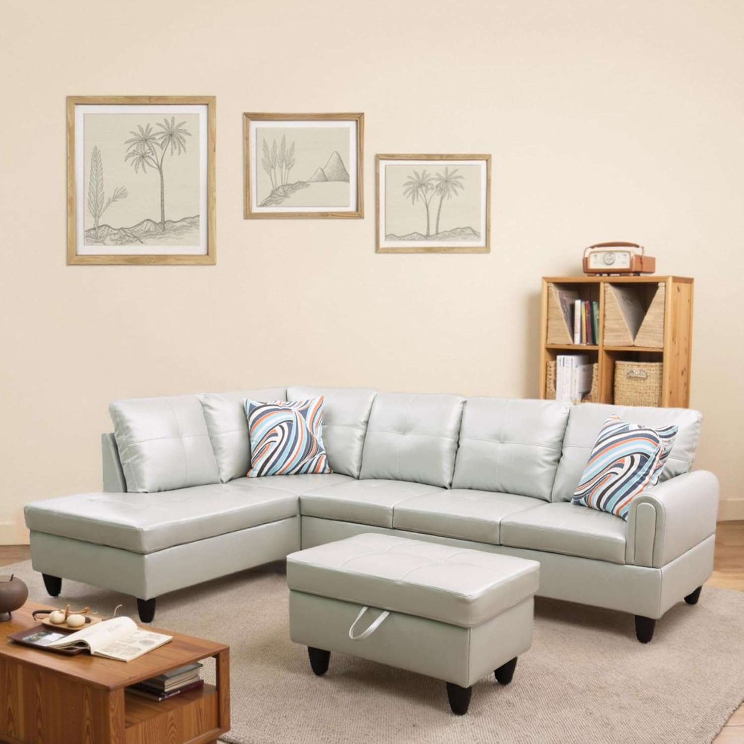 L Shaped Couch Sectional Couches with Chaise and Storage Ottoman, 3 Pieces Modular Convertible Sofa for Living Room Furniture Sets and Small Apartment Faux Leather, Silver Green