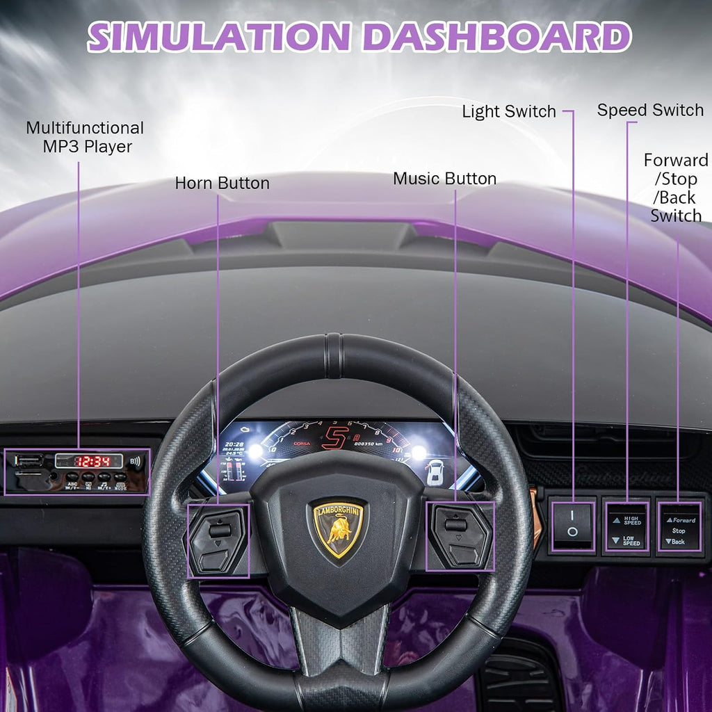 INFANS 12V Licensed Lamborghini Sian Kids Ride On Car with Parent Remote Control, Spring Suspension, MP3 Player, Electric Toy Roadster Carbon Fiber Textured for Toddler (Purple)