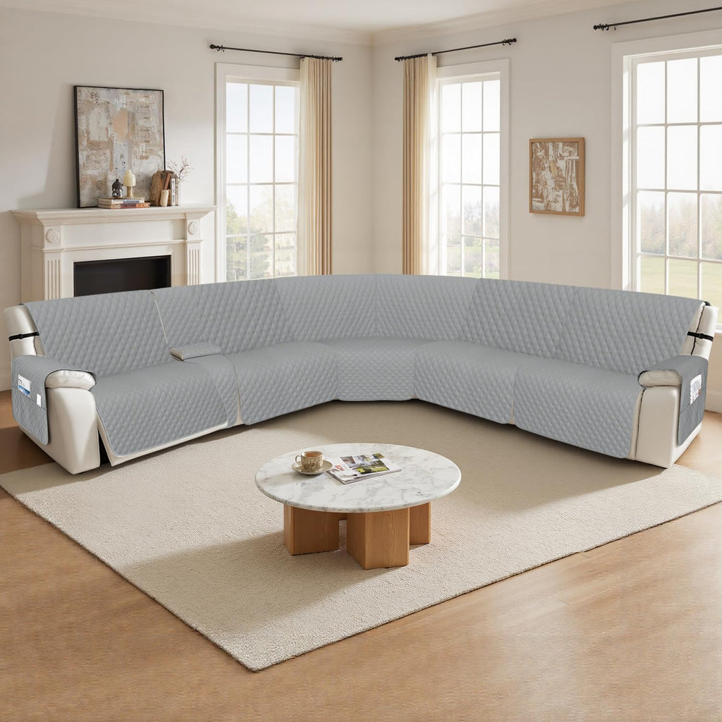 Arfntevss Recliner Sectional Couch Covers 1OO% Waterproof L Shape Sofa Cover for Reclining L Shaped Sectional Slipcover Dog Washable Corner Protector (XXL 5 Seater with 1 Console, Silvery Gray)