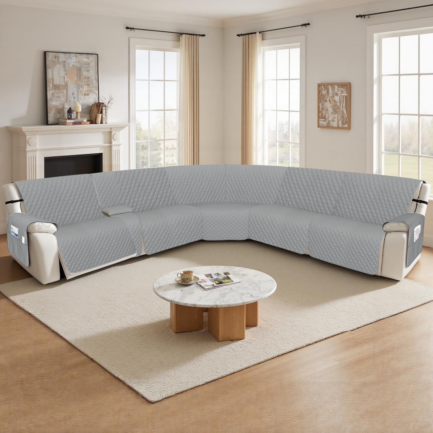 Arfntevss Recliner Sectional Couch Covers 1OO% Waterproof L Shape Sofa Cover for Reclining L Shaped Sectional Slipcover Dog Washable Corner Protector (XXL 5 Seater with 1 Console, Silvery Gray)