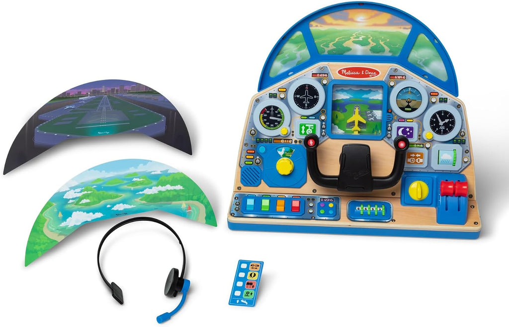 Melissa & Doug Jet Pilot Interactive Dashboard Wooden Toy for Boys and Girls Ages 3+ Cockpit Steering Wheel Pretend to Fly Experience, Fidget Buttons - FSC Certified