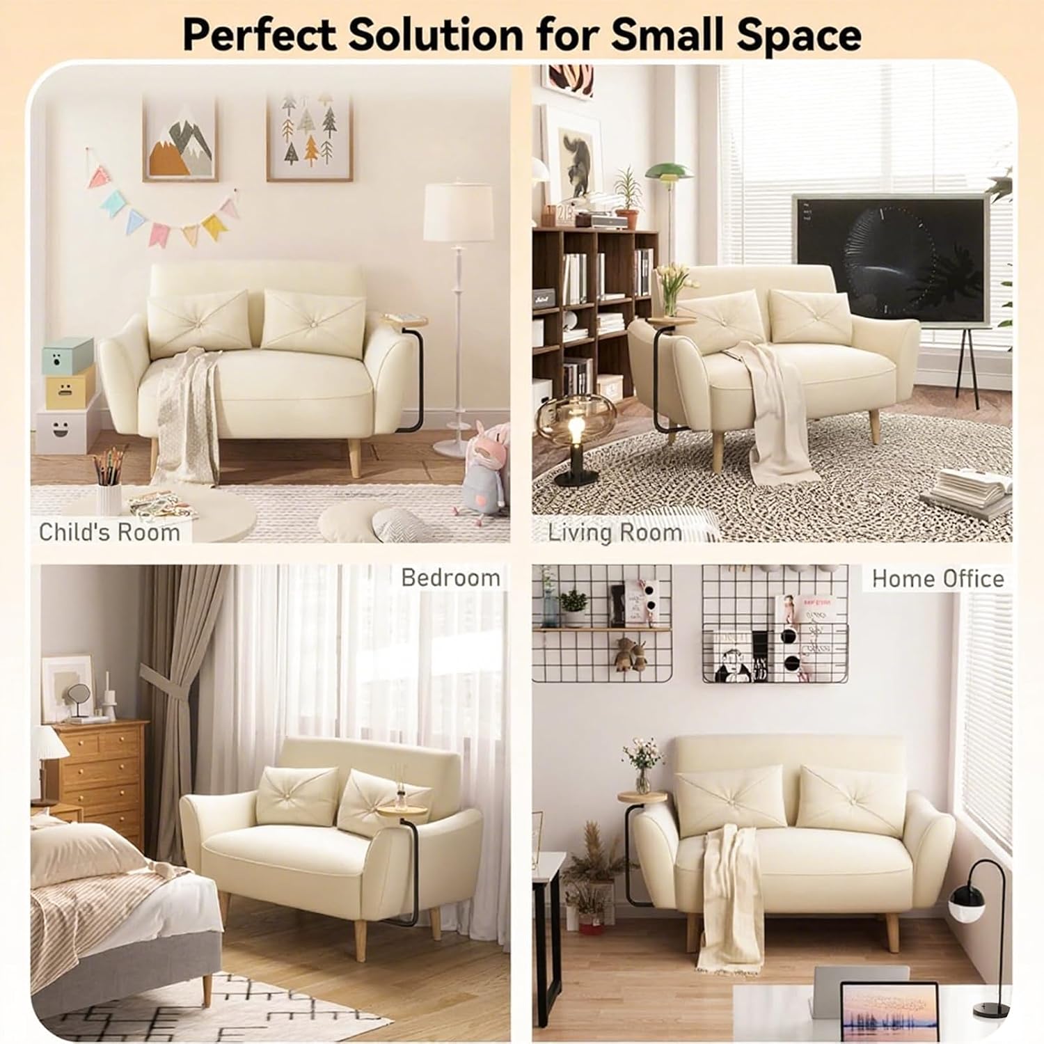 Brelice Loveseat Sofa, 47' Velvet Couch for Bedroom, Convertible Wooden Tray & Ergonomic Armrest, for Small Space, Apartment, Living Room, Home Office, Easy Assembly, Beige