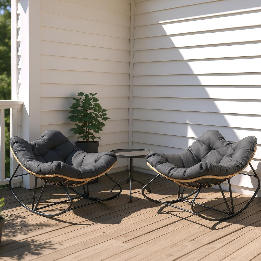 JOYBASE Outdoor Indoor Papasan Rocking Chair Set of 2, Oversized Papasan Rocker with Cushion, Patio Wicker Comfy Egg Chair for Backyard Bedroom Living Room Lounge Reading (Dark Grey)