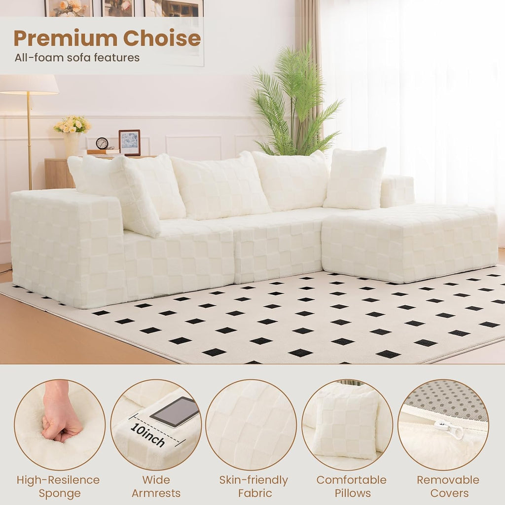 Modular Sectional Sofa, 108' L-Shaped Boneless Couch with Deep Seat, Corduroy Cloud Couch for Living Room, Bedroom, No Assembly Required, Ship in a Box, Checkered Beige