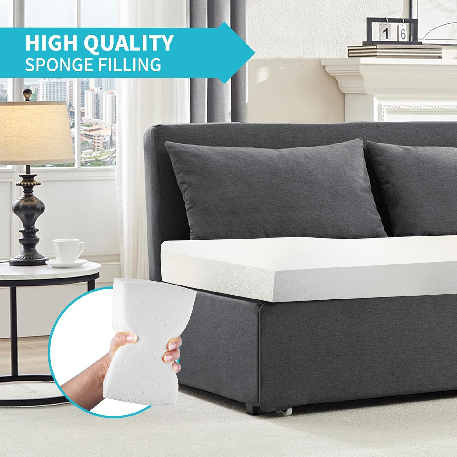CECER 64.2' Queen Size Pull Out Sofa Bed, Pull Out Couch Bed with 2 Pillows, Linen Convertible Sleeper Sofa with Comfy Mattress, 2 in 1 Armless Loveseat Sleeper for Living Room-Dark Grey