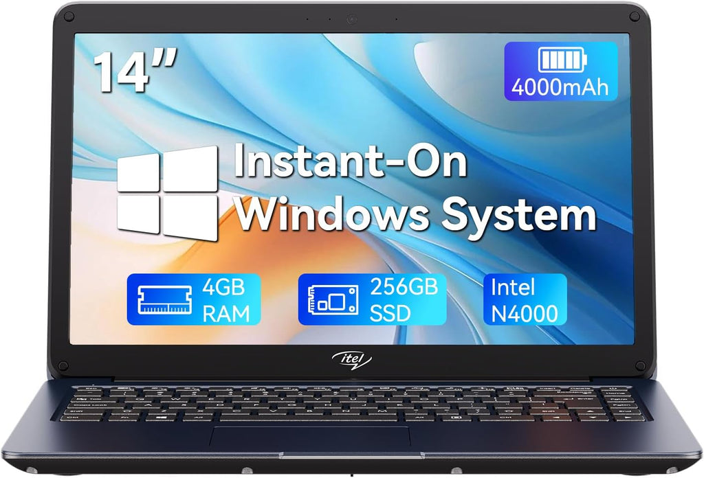 Itel 14 inch Laptop Computer - Celeron N4000 (Dual-Core), UHD Graphics 600, 4GB RAM 256GB SSD, 14' Micro-Edge HD Display, Ultra Slim, 4000 mAh Long Battery Life, HDMI, 2.4G/5G WiFi