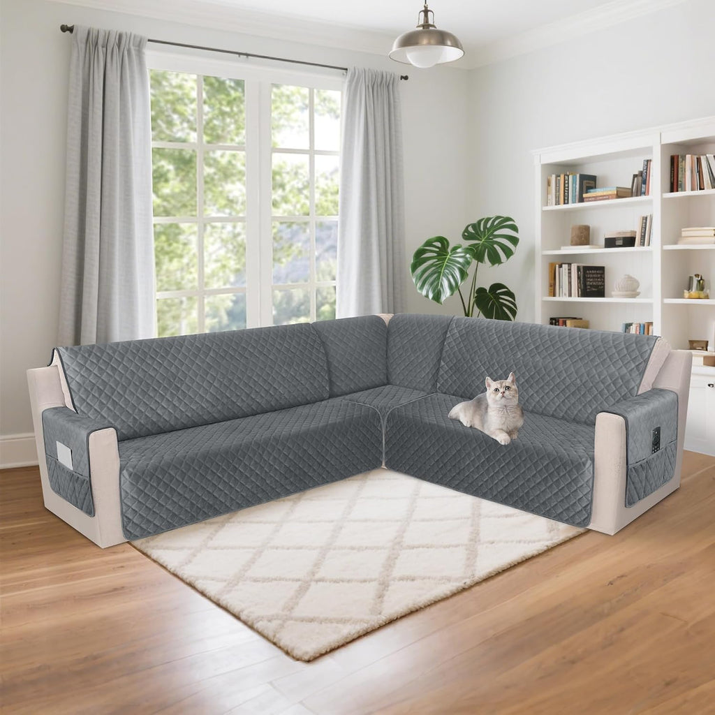 HDCAXKJ Waterproof Corner Sectional Couch Cover Velvet L Shape Sofa Covers for Pets Dogs Soft Heavy Duty U Shaped Sofa Slipcovers Sets for Sectional Non Slip Furniture Protector (Dark Gray, X-Large)