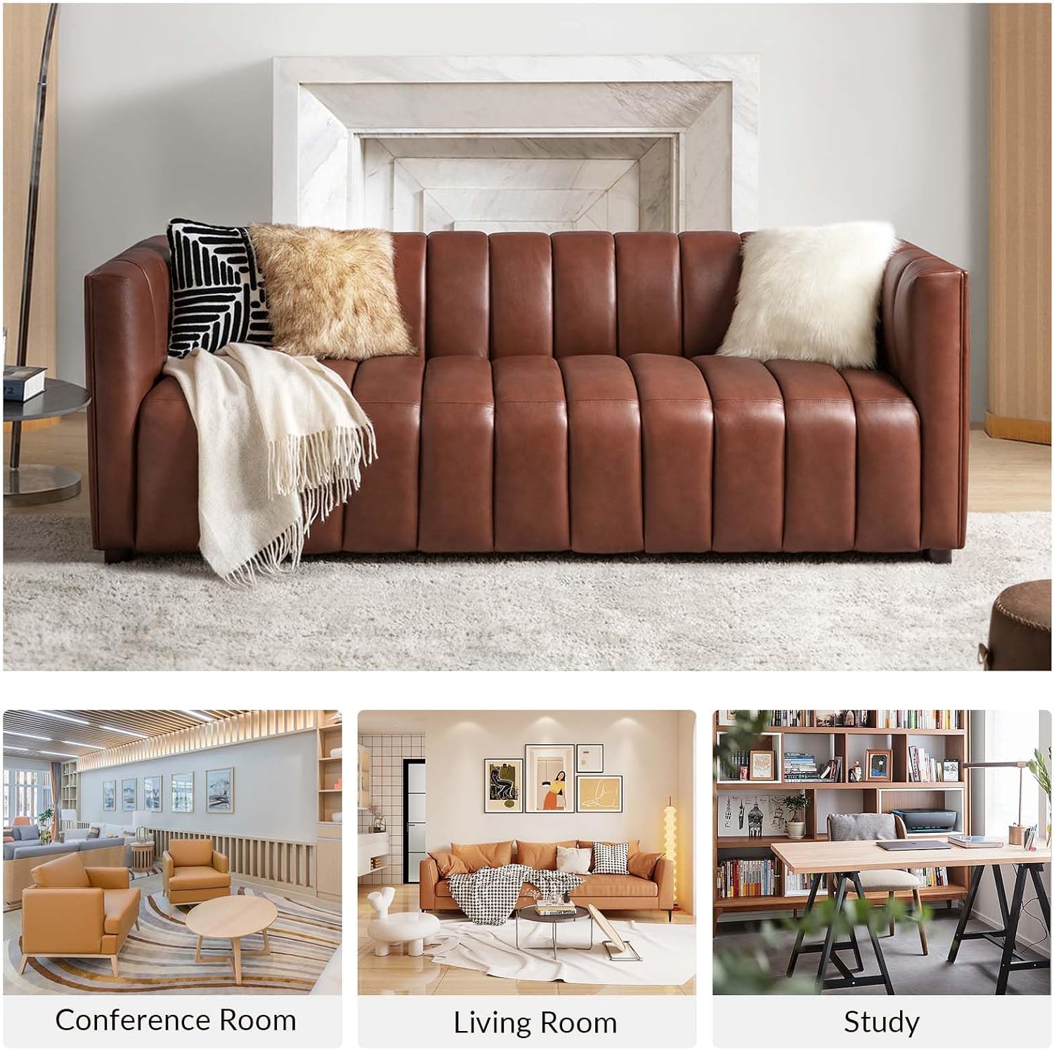 HULALA HOME 83' Genuine Leather Sofa with Channel Tufted Design, 3-Seater Sofa for Living Room Bedroom, Modern Oversized Couch with Wood Legs, Brown