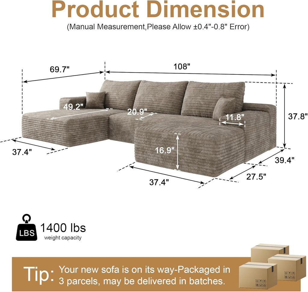AUGOP 108' Sectional Couches for Living Room Modern Modular Sofa with L-Shape Couchs Upholstered Boneless Couch Deep Seat Sectional Couch with Chaise (Camel, Left Facing Chaise+2Seaters+1Ottoman)