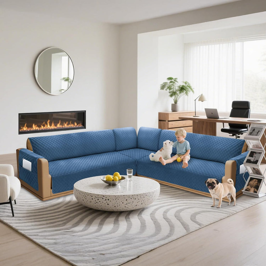 Sectional Couch Covers for Dogs 100% Waterproof Corner L Shaped Sofa Cover Pet Friendly Velvet Washable Anti Slip L Shape Modular Sofa Slipcover Protector with Pockets (Blue, Small)