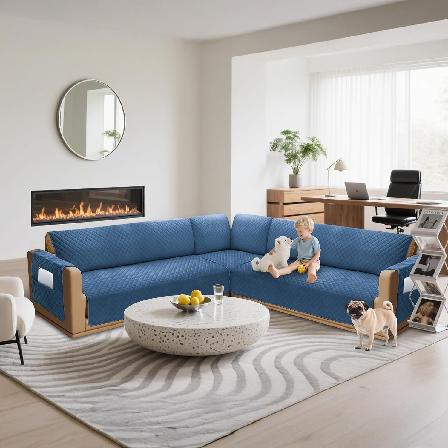 Sectional Couch Covers for Dogs 100% Waterproof Corner L Shaped Sofa Cover Pet Friendly Velvet Washable Anti Slip L Shape Modular Sofa Slipcover Protector with Pockets (Blue, Small)