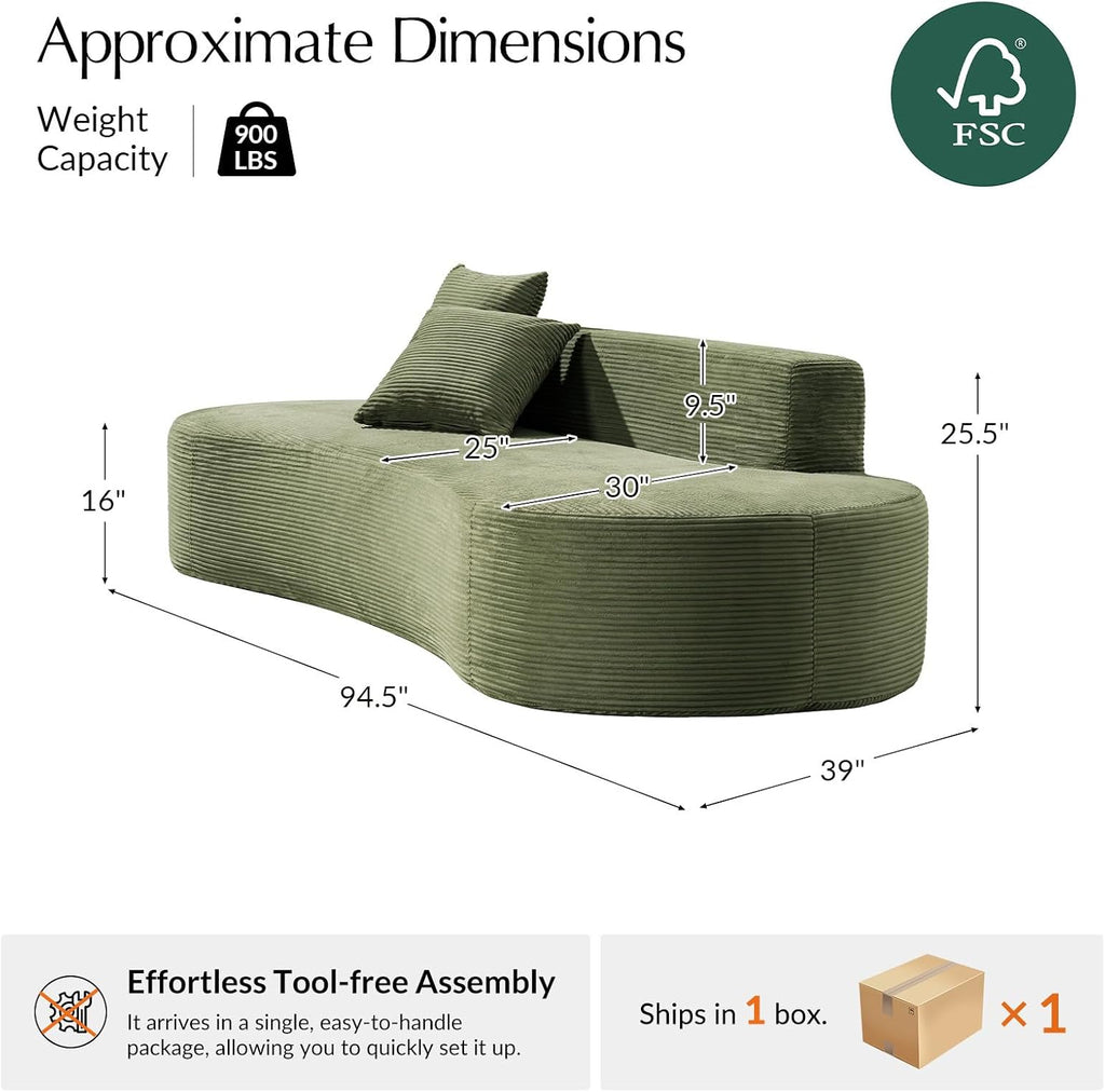 HULALA HOME 94.5' Curved Boneless Couch with Two Pillows, Oversized 3 Seater Compressed Foam Sofa with Deep Seat, Modern Cloud Couch for Living Room, No Assembly Required, Green