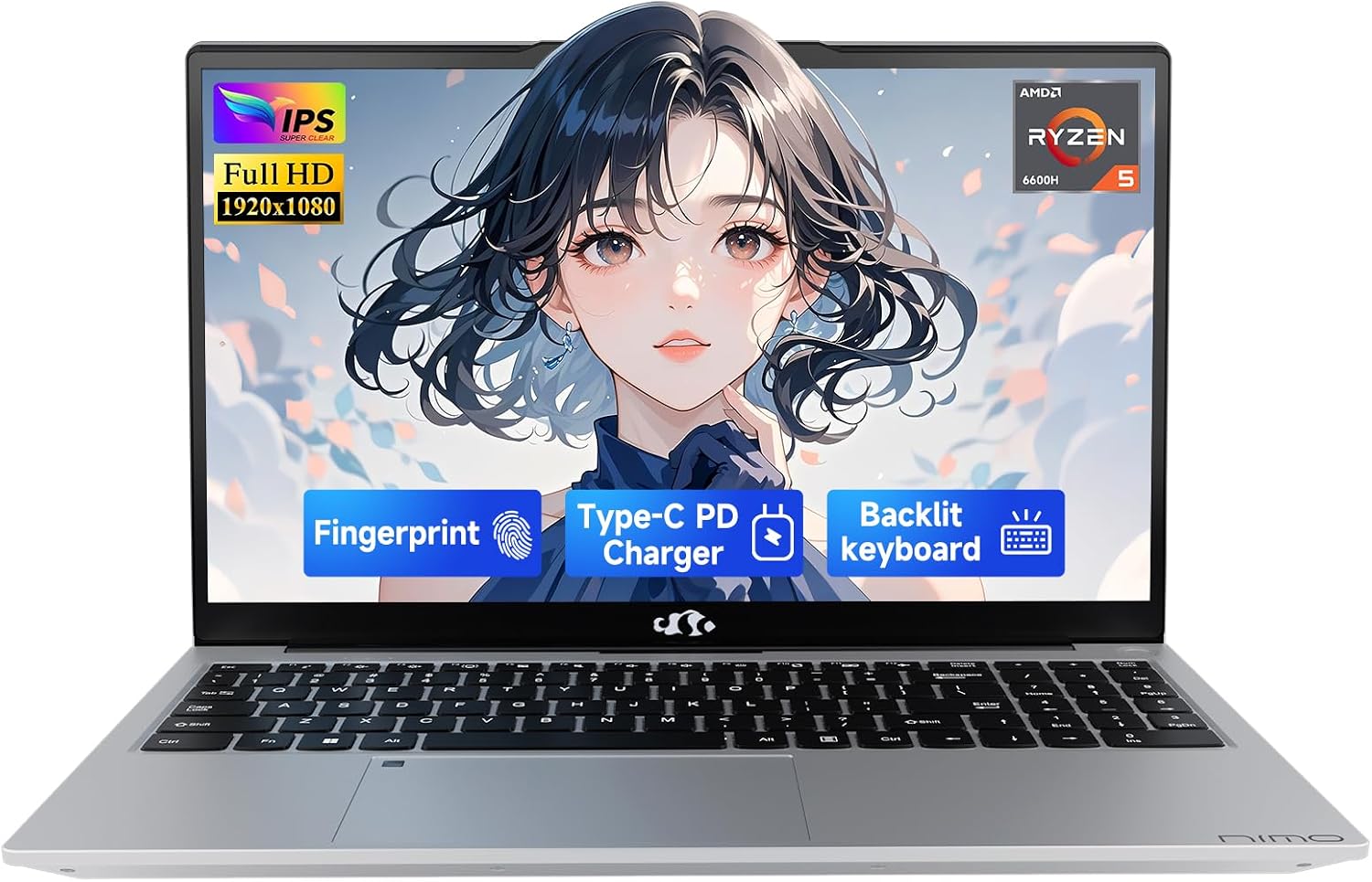 NIMO 15.6' IPS FHD-Gaming-Laptop, AMD Ryzen 5 6600H 32GB DDR5 RAM 1TB SSD (Beat i7-1165G7, 6 Cores Up to 4.5GHz) AMD Radeon 660M GPU 100W USB-C PD Fast Charger Backlit Keyboard Fingerprint