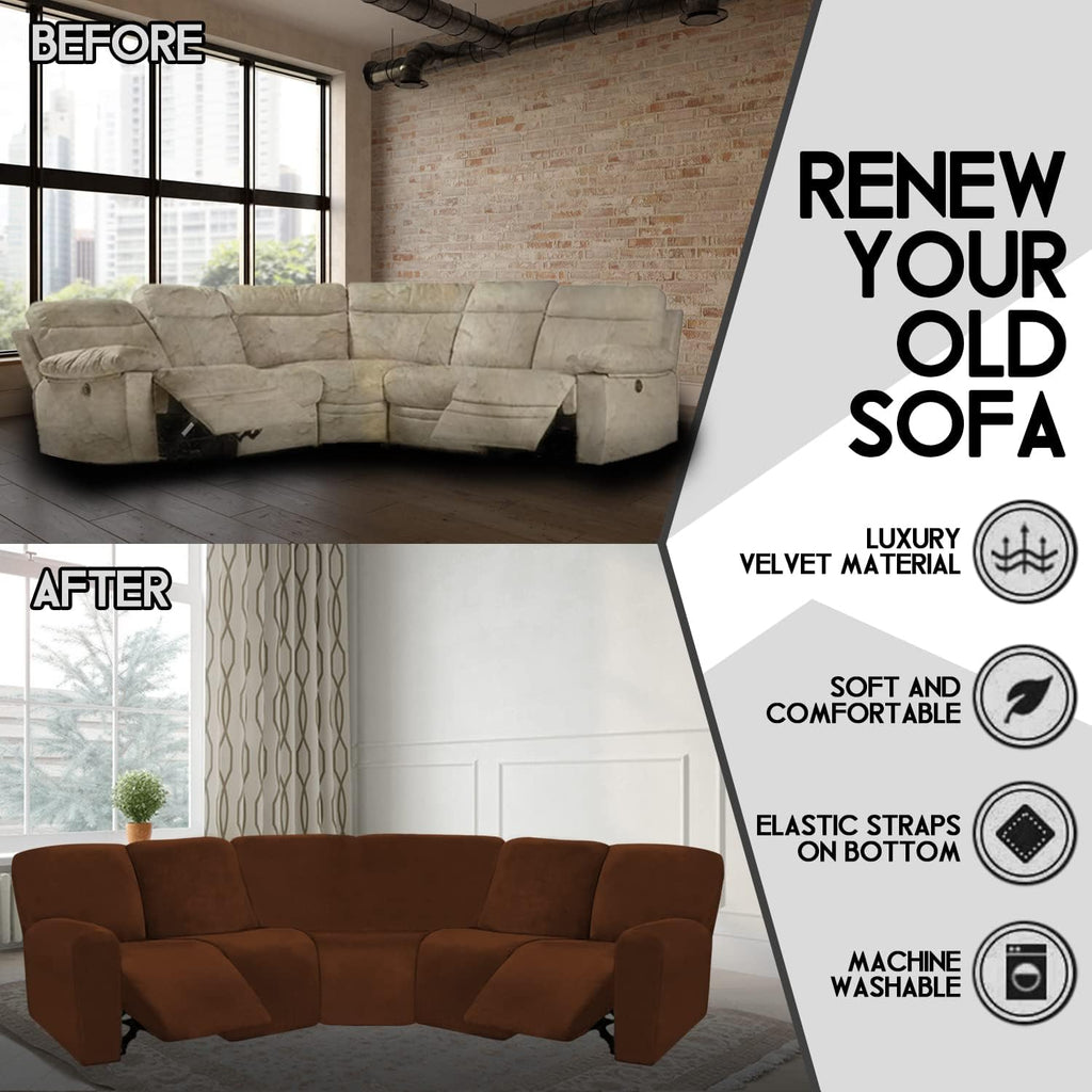 ULTICOR 7-Piece L Shape Sectional, Velvet Stretch Reclining Couch Covers for Sofa, Thick, Soft, Washable (Chocolate, 5 Seat Recliner Cover)