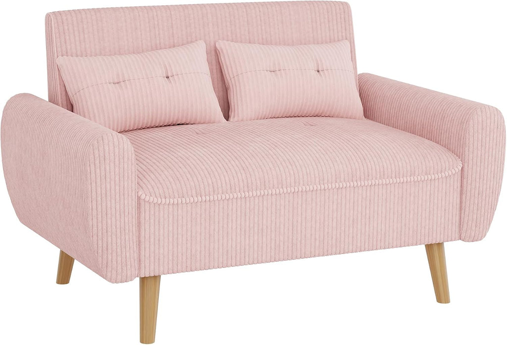 Shintenchi 48'' Loveseat Sofa, Mid-Century Modern Upholstered Couch Deep Seat with 2 Pillows, 10' Thick Cushion with Spring, Solid Wood Frame Small Couch for Living Room, Bedroom, Dorms & Office, Pink