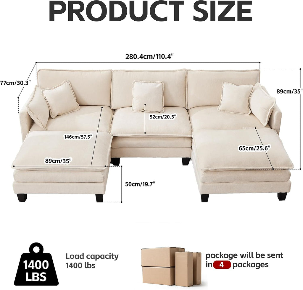Opiesit Modular Sectional Sofa with Movable Ottoman, 110' 5-Seat Modern Couches for Living Room, Comfy U Shaped Couch Set with Deep Seat for Office and Apartment, Beige Chenille Fabric
