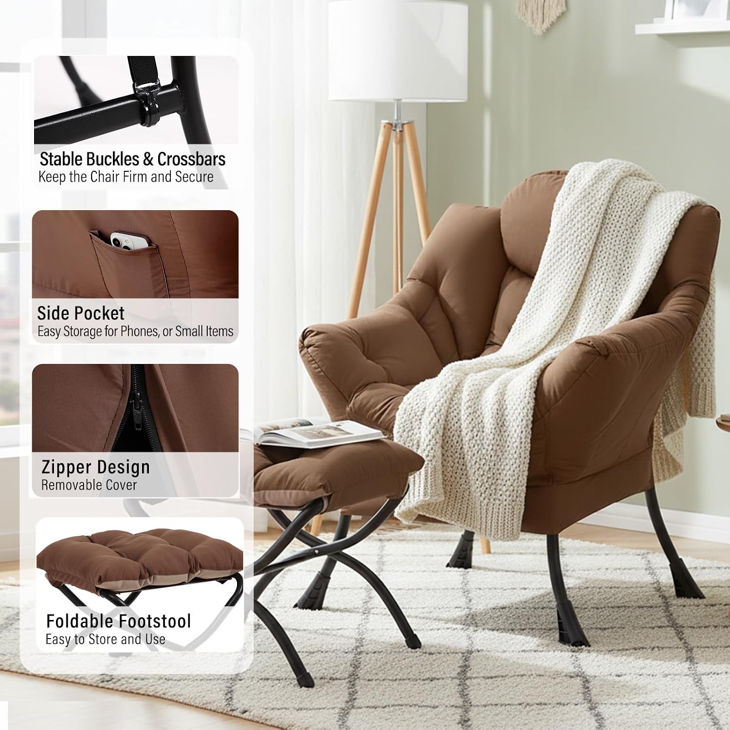 Furlide Lazy Chair with Ottoman, Modern Accent Chairs with Folding Footrest, Dark Brown Sofa Chair Set, Comfortable Reading Chairs, Oversized Armchairs for Bedroom, Study, Living Room, Courtyard