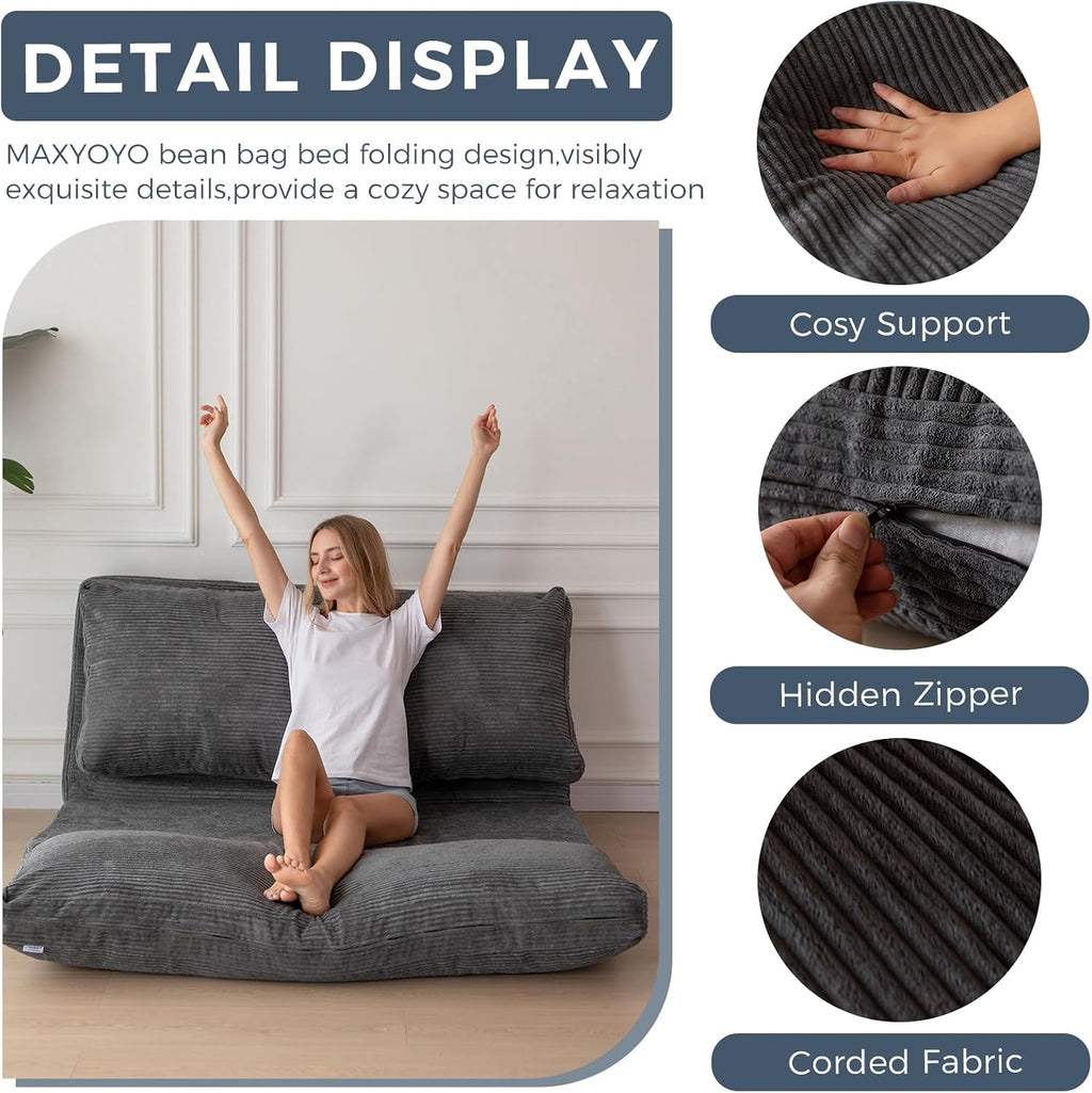 MAXYOYO Folding Sofa Bed, Extra Thick and Long Floor Sofa Convertible Sleeper Chair with Washable Cover, Floor Couch Lounge Bean Bag Bed for Living Room, Dark Grey, 54x95 Inch