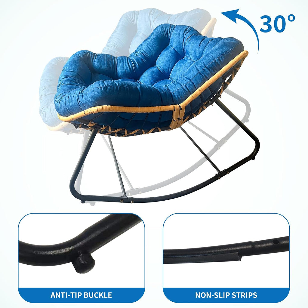 Patio Rocking Egg Chair - Outdoor Rocking Chair with Thick Cushion, Modern Indoor Outdoor Papasan Rocking Chair, Lounge Rocker for Balcony, Living Room, Bedroom, Porch, Patio, Lawn, Garden (Blue)