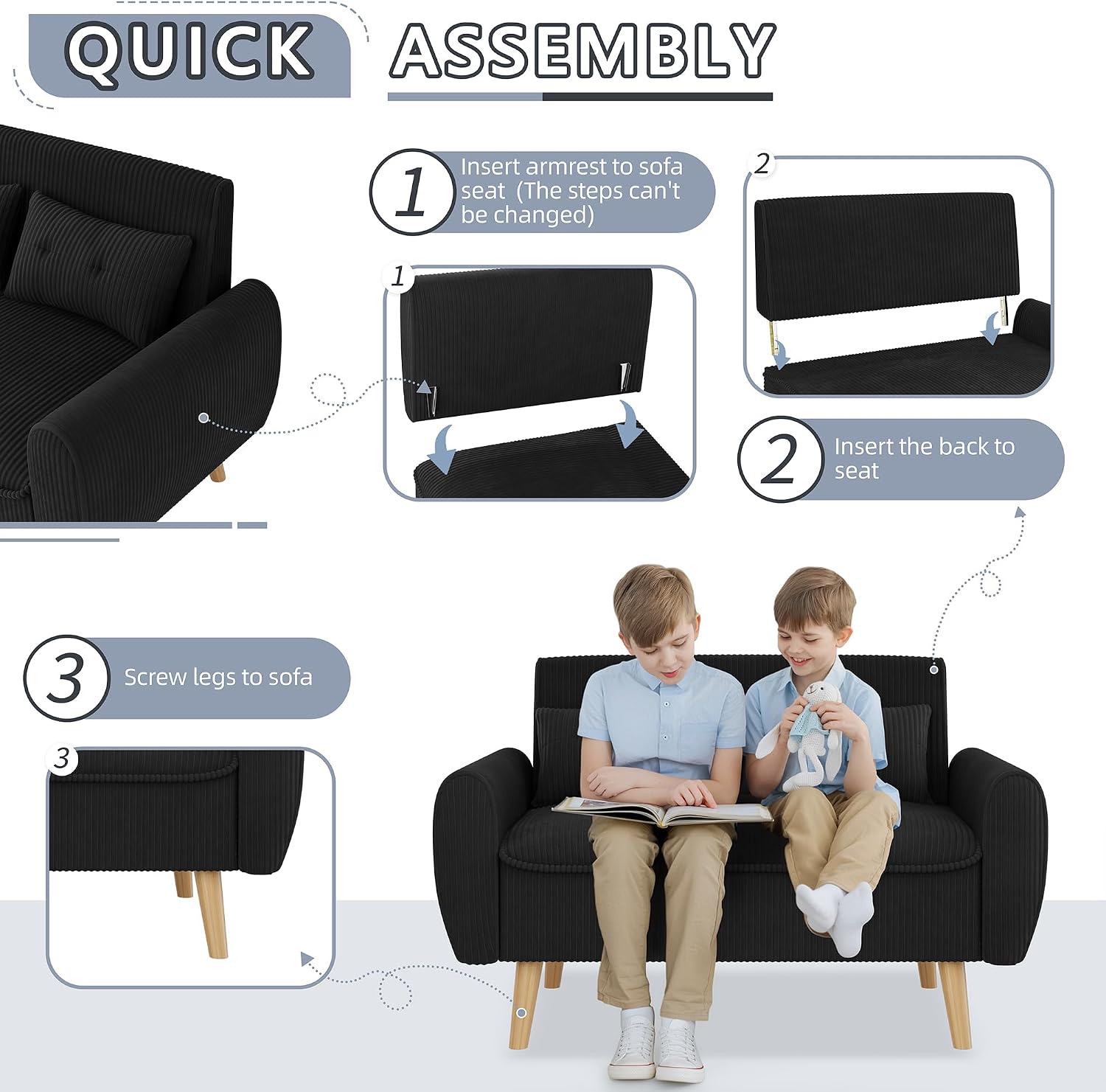 Shintenchi 48'' Loveseat Sofa, Mid-Century Modern Upholstered Couch Deep Seat with 2 Pillows, 10' Thick Cushion with Spring, Solid Wood Frame Small Couch for Living Room, Dorms & Office, Black