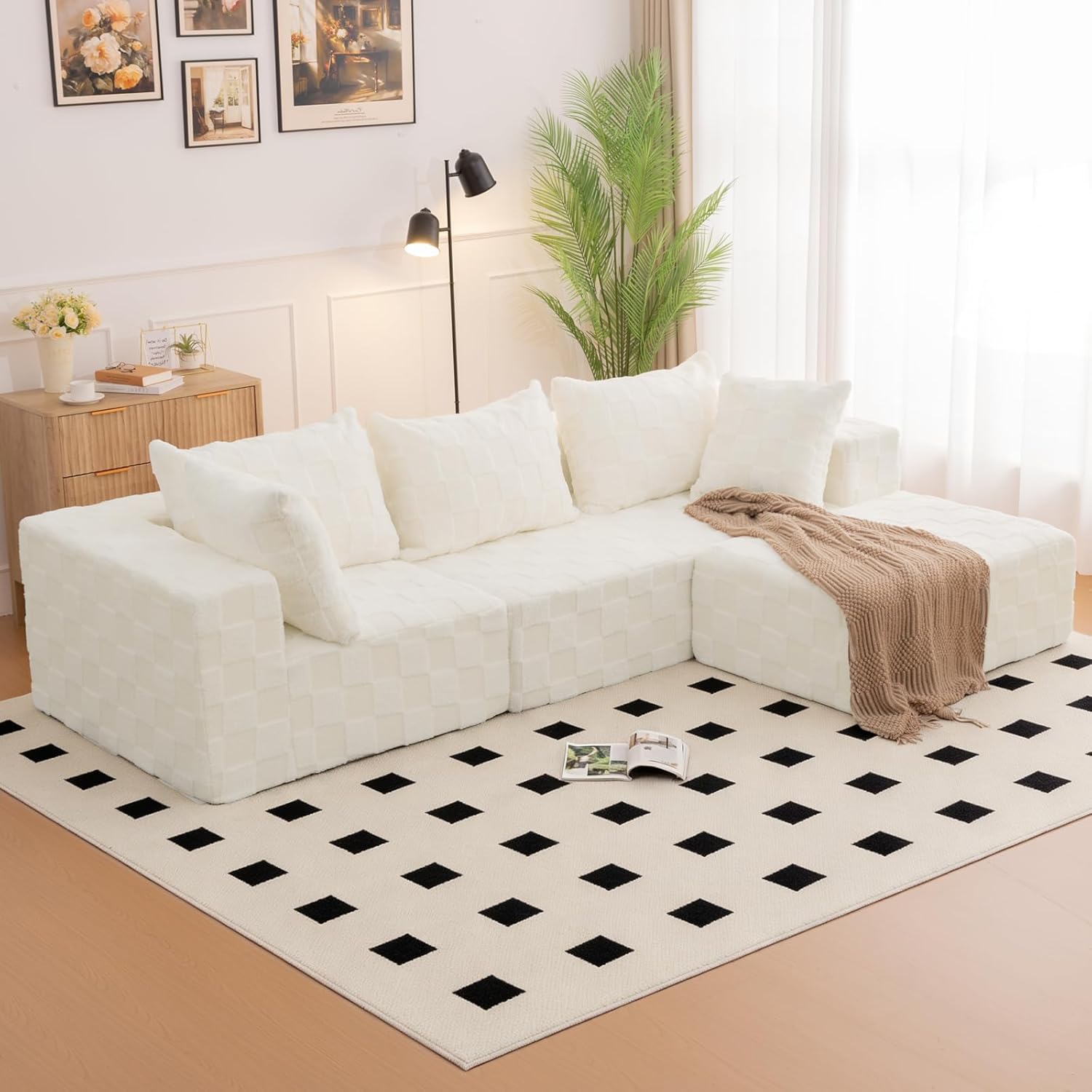 Modular Sectional Sofa, 108' L-Shaped Boneless Couch with Deep Seat, Corduroy Cloud Couch for Living Room, Bedroom, No Assembly Required, Ship in a Box, Checkered Beige