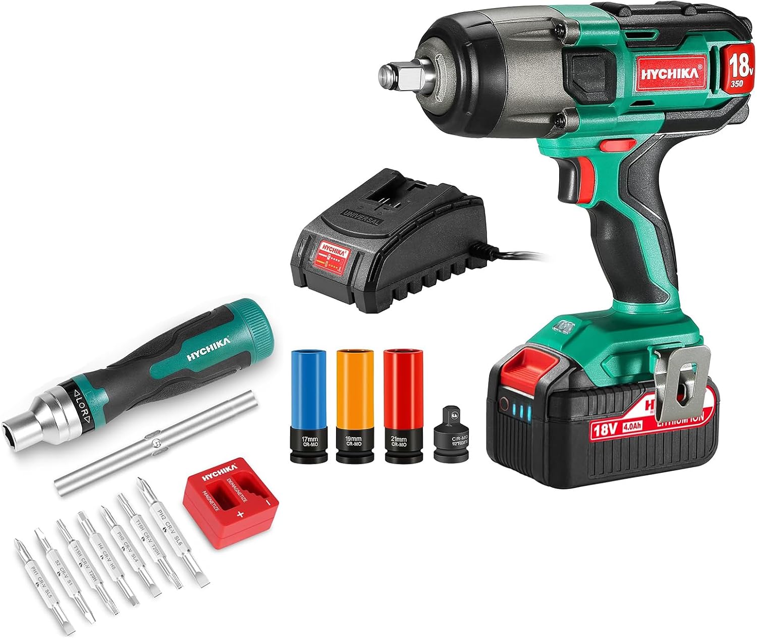 HYCHIKA Ratcheting Screwdriver 16-in-1, 18 V Max Cordless Impact Wrench, 2 Tool Combo Kit