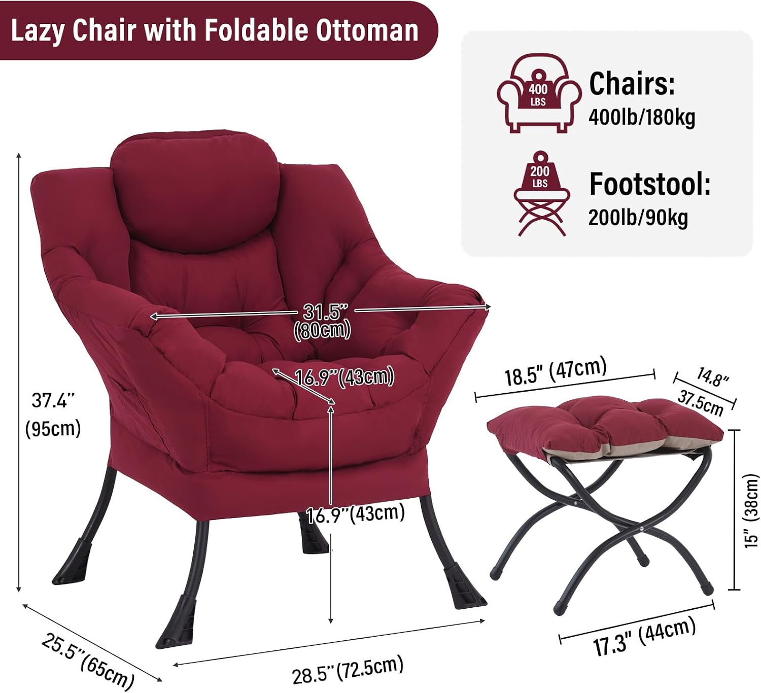 Furlide Lazy Chair with Ottoman, Modern Accent Chairs with Folding Footrest, Burgundy Sofa Chair Set, Comfortable Reading Chairs, Oversized Armchairs for Bedroom, Study, Living Room, Courtyard